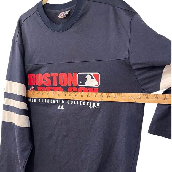 Vintage MLB Boston Red Sox Men's L Long Sleeve Warm Up Baseball Jersey Navy Blue - Picture 3 of 6